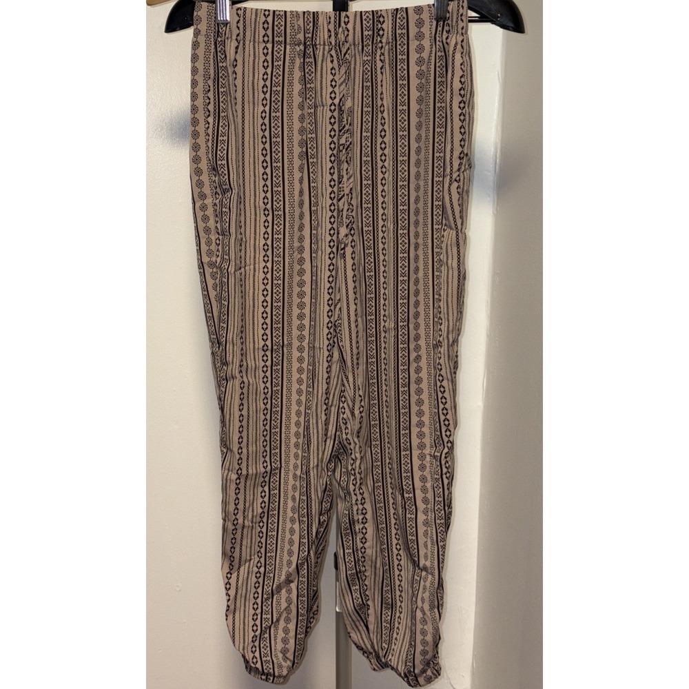 Women's size L wide-leg elastic waist lounge/resort pants beige/ black geometric